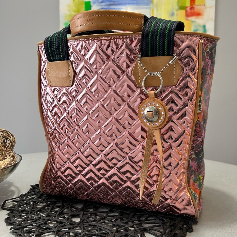 Metallic Pink Quilted Tote Bag with Leather Trim